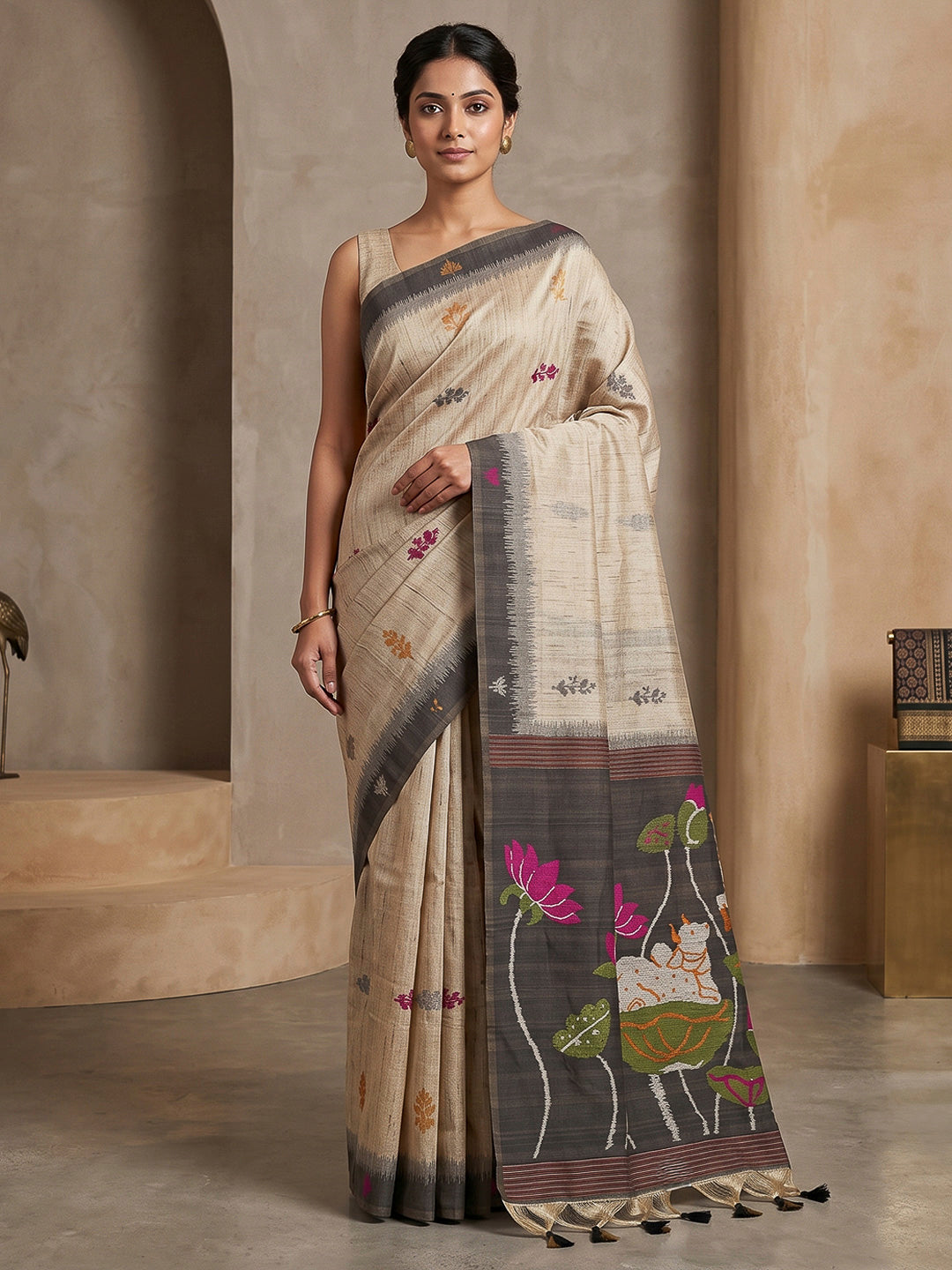Off-White-Black Cotton Blend Woven Saree