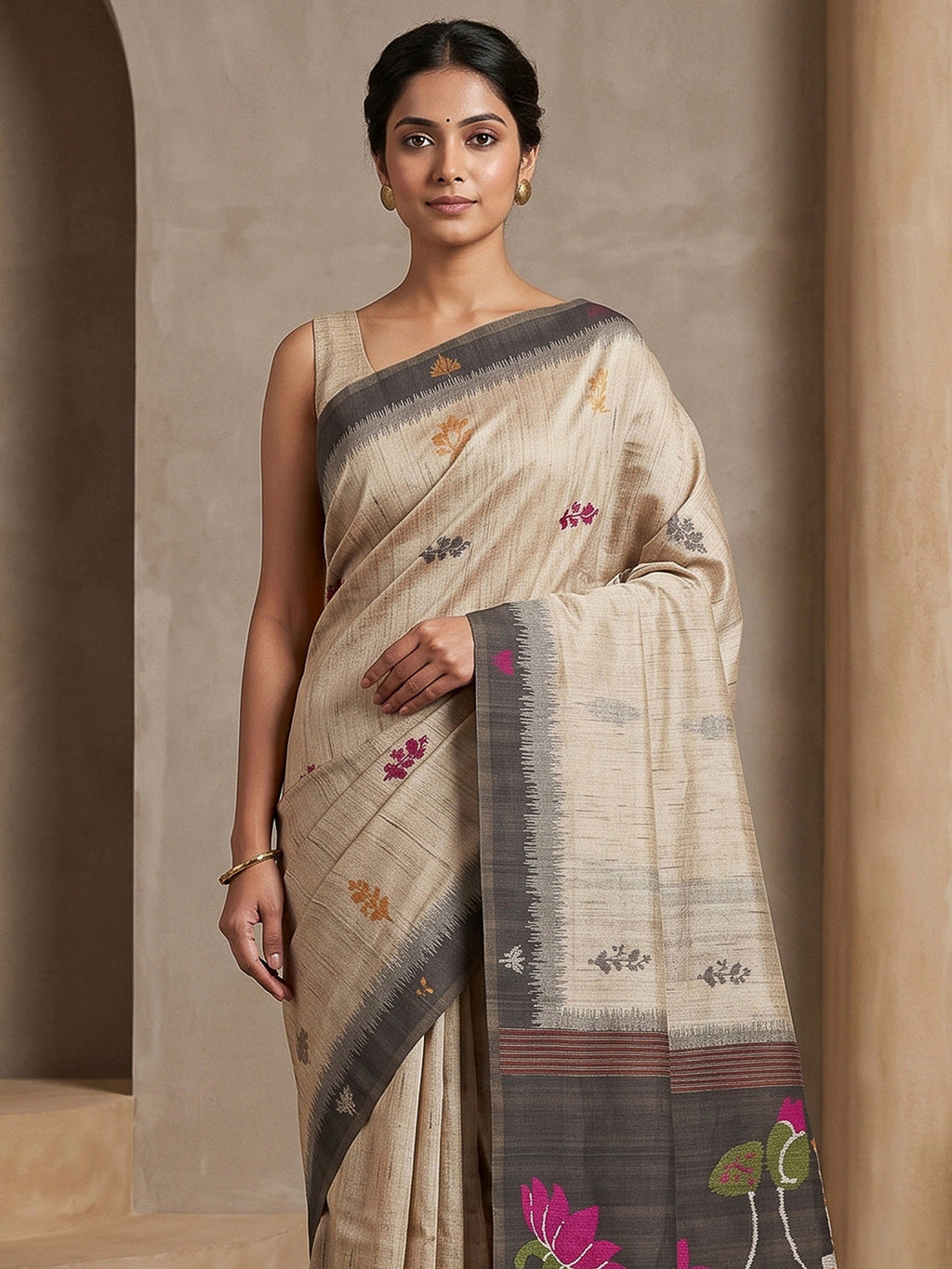 Off-White-Black Cotton Blend Woven Saree
