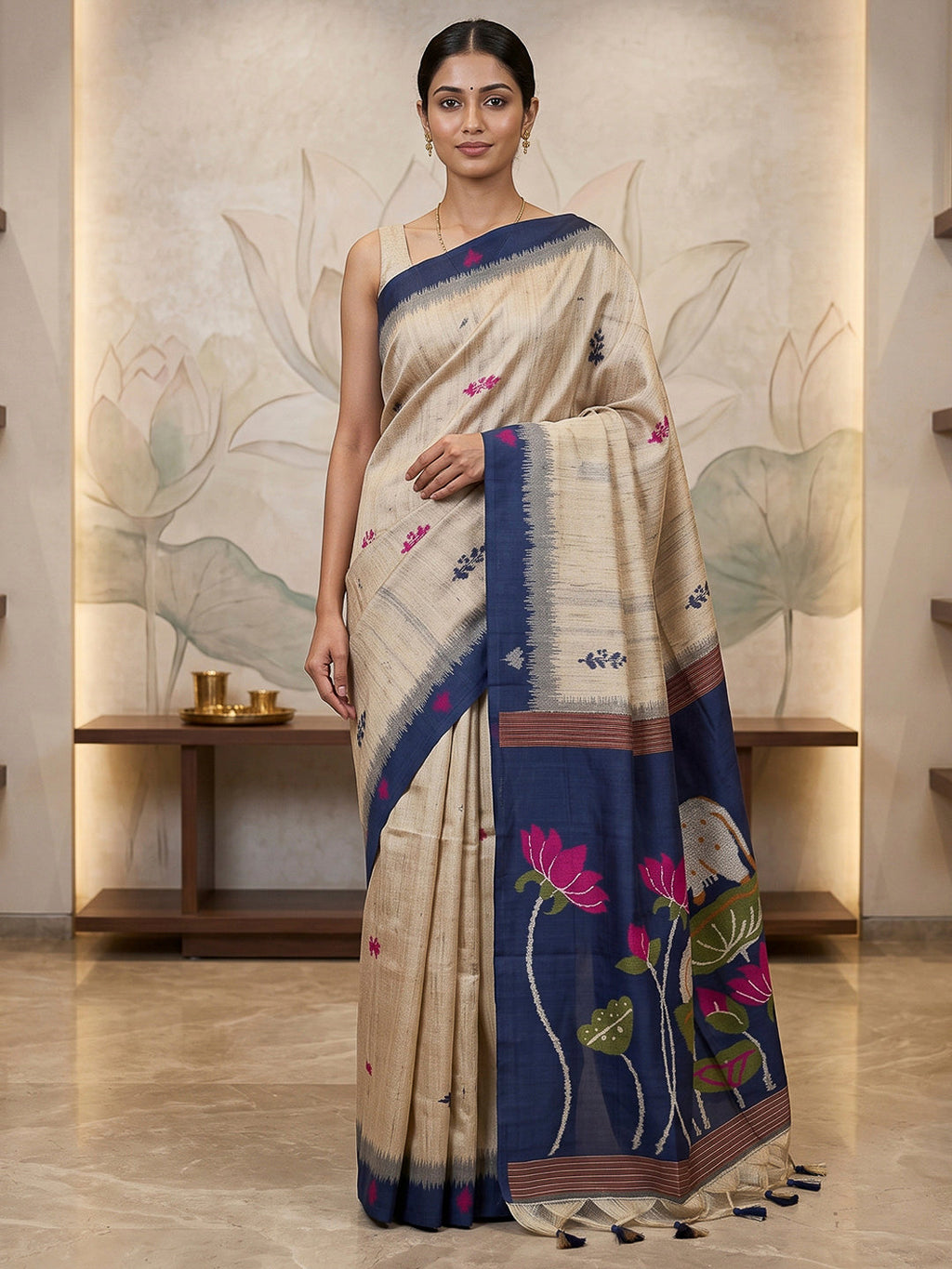 Off-White-Navy Cotton Blend Woven Saree
