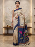 Off-White-Navy Cotton Blend Woven Saree