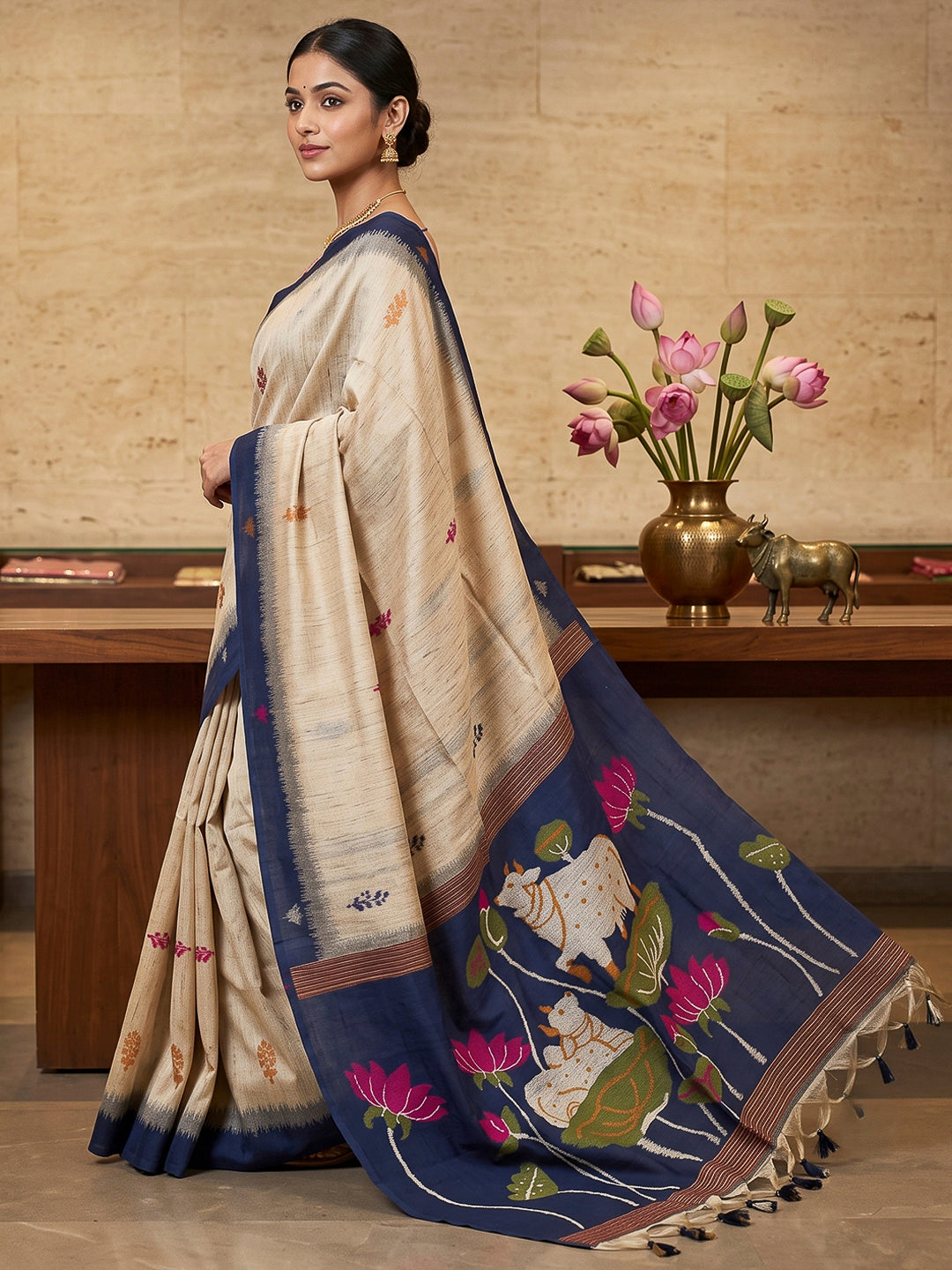 Off-White-Navy Cotton Blend Woven Saree