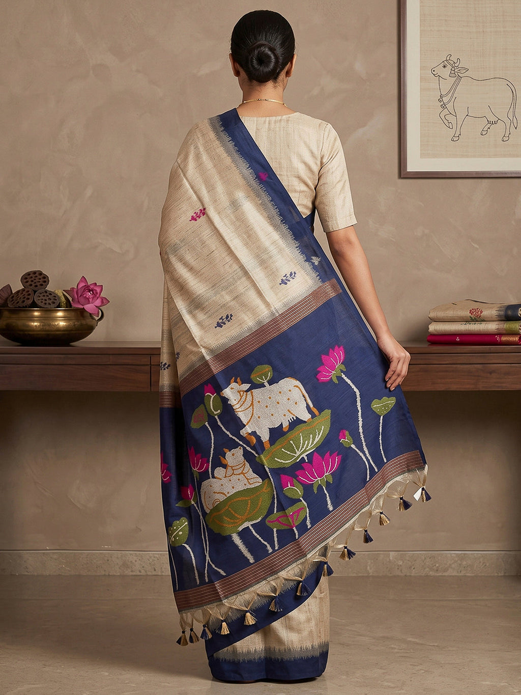Off-White-Navy Cotton Blend Woven Saree