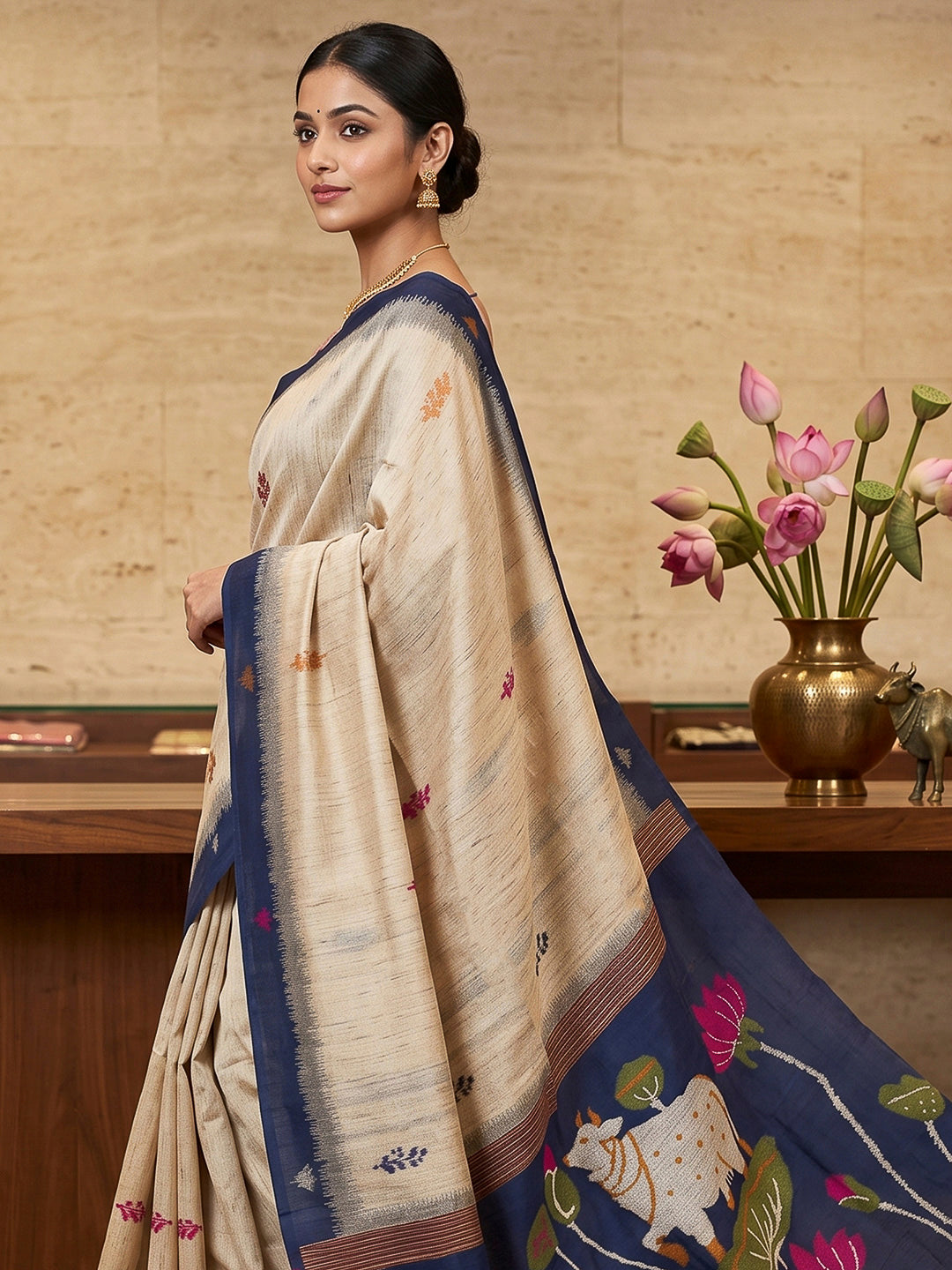 Off-White-Navy Cotton Blend Woven Saree