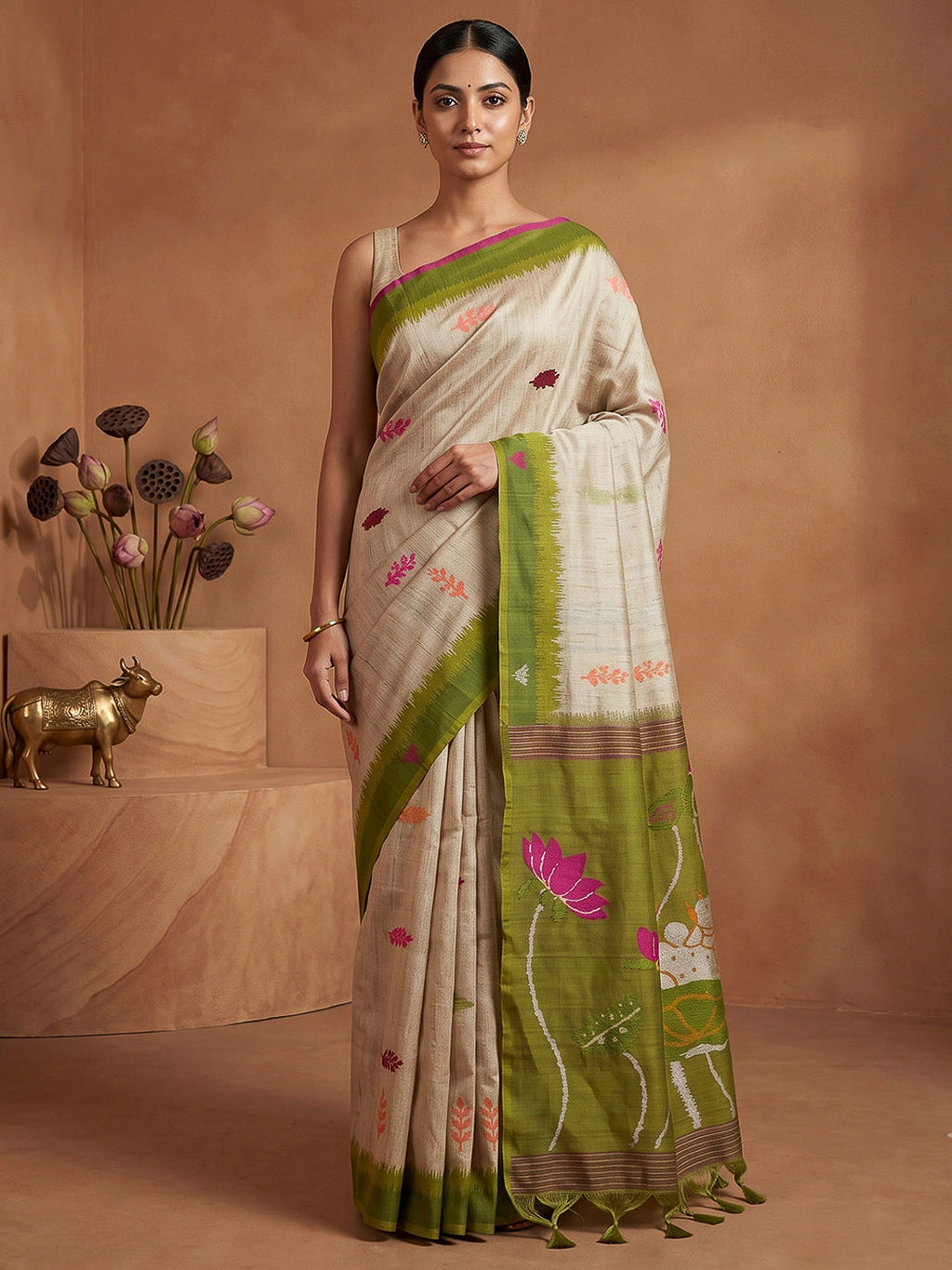 Off-White-Olive Cotton Blend Woven Saree
