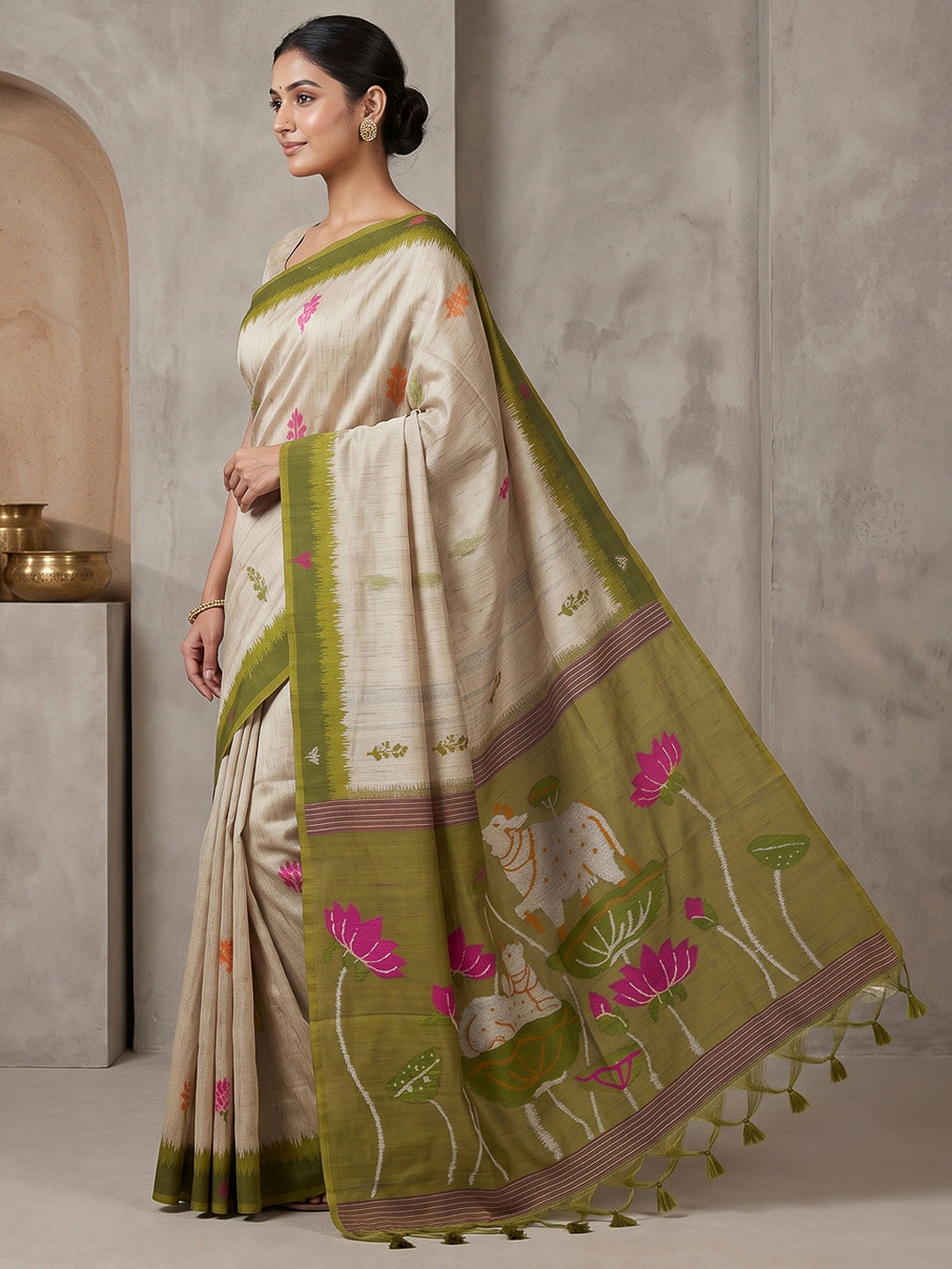 Off-White-Olive Cotton Blend Woven Saree