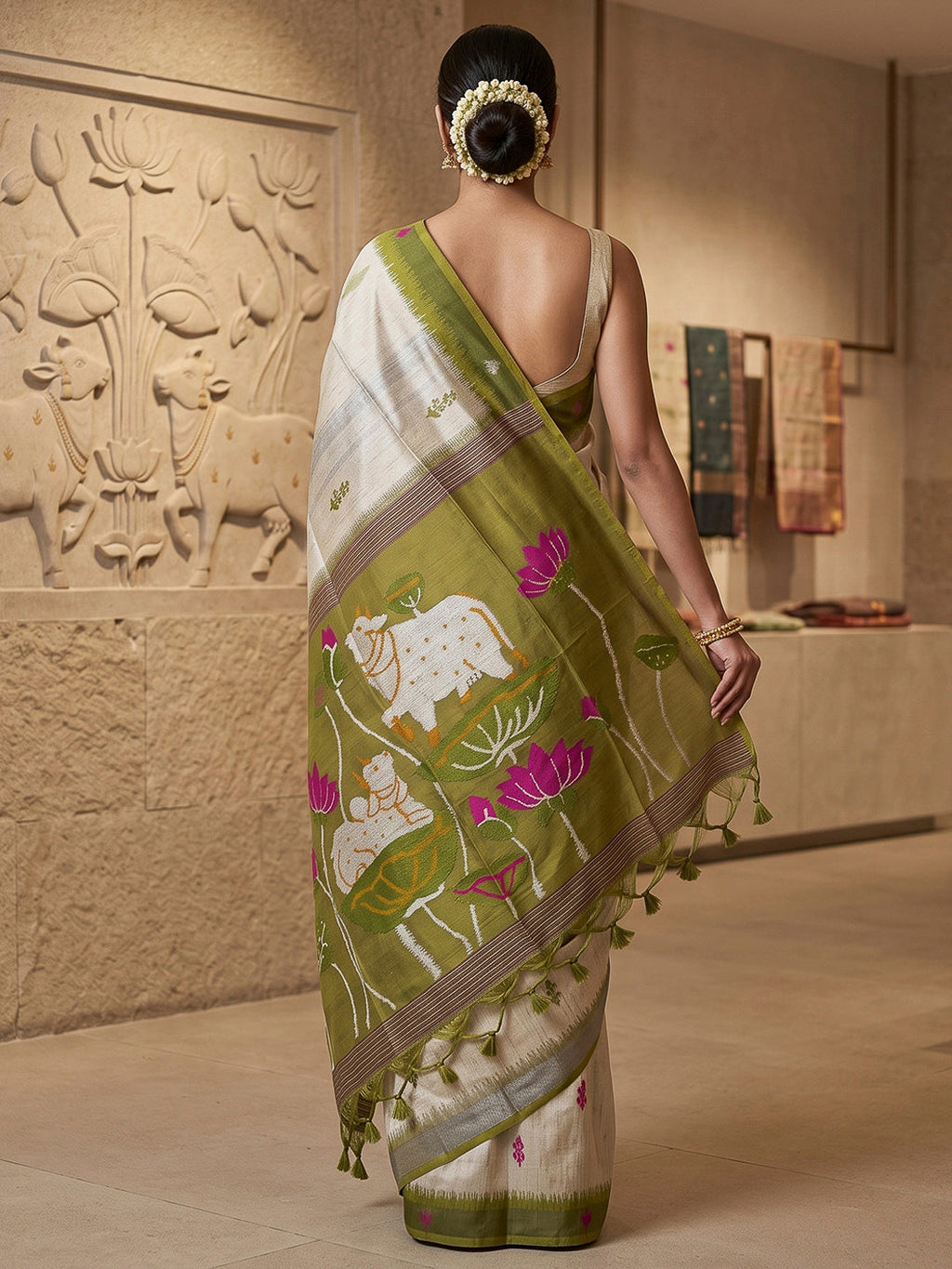 Off-White-Olive Cotton Blend Woven Saree