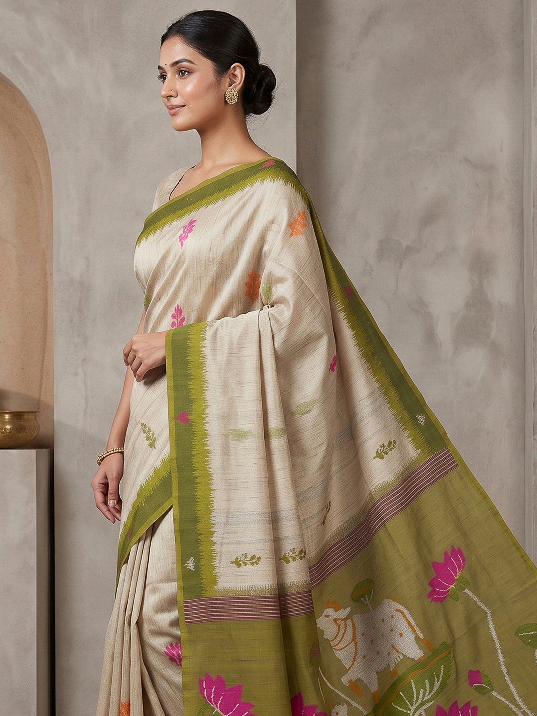 Off-White-Olive Cotton Blend Woven Saree