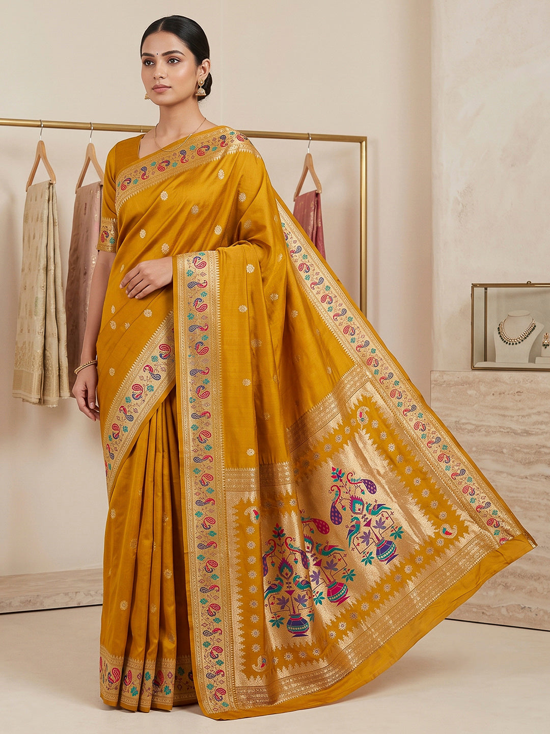 Mustard Cotton Blend Woven Saree