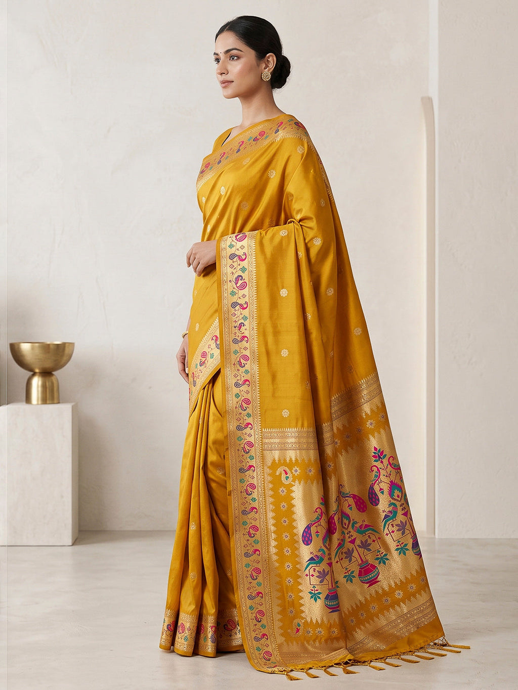 Mustard Cotton Blend Woven Saree