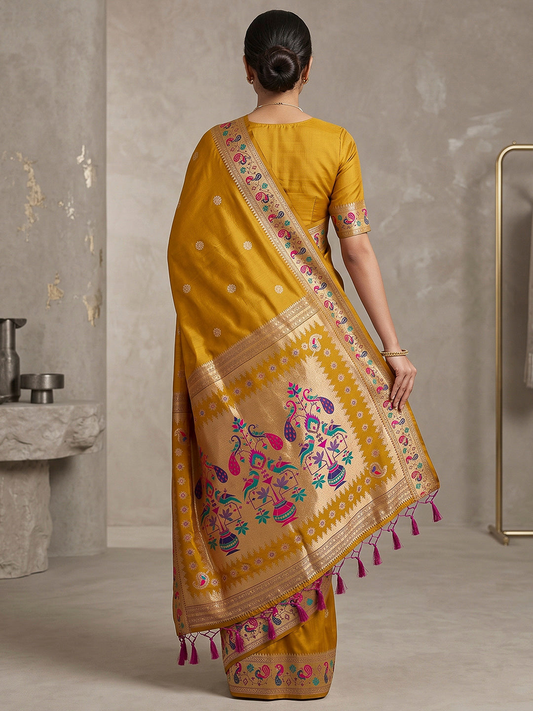 Mustard Cotton Blend Woven Saree