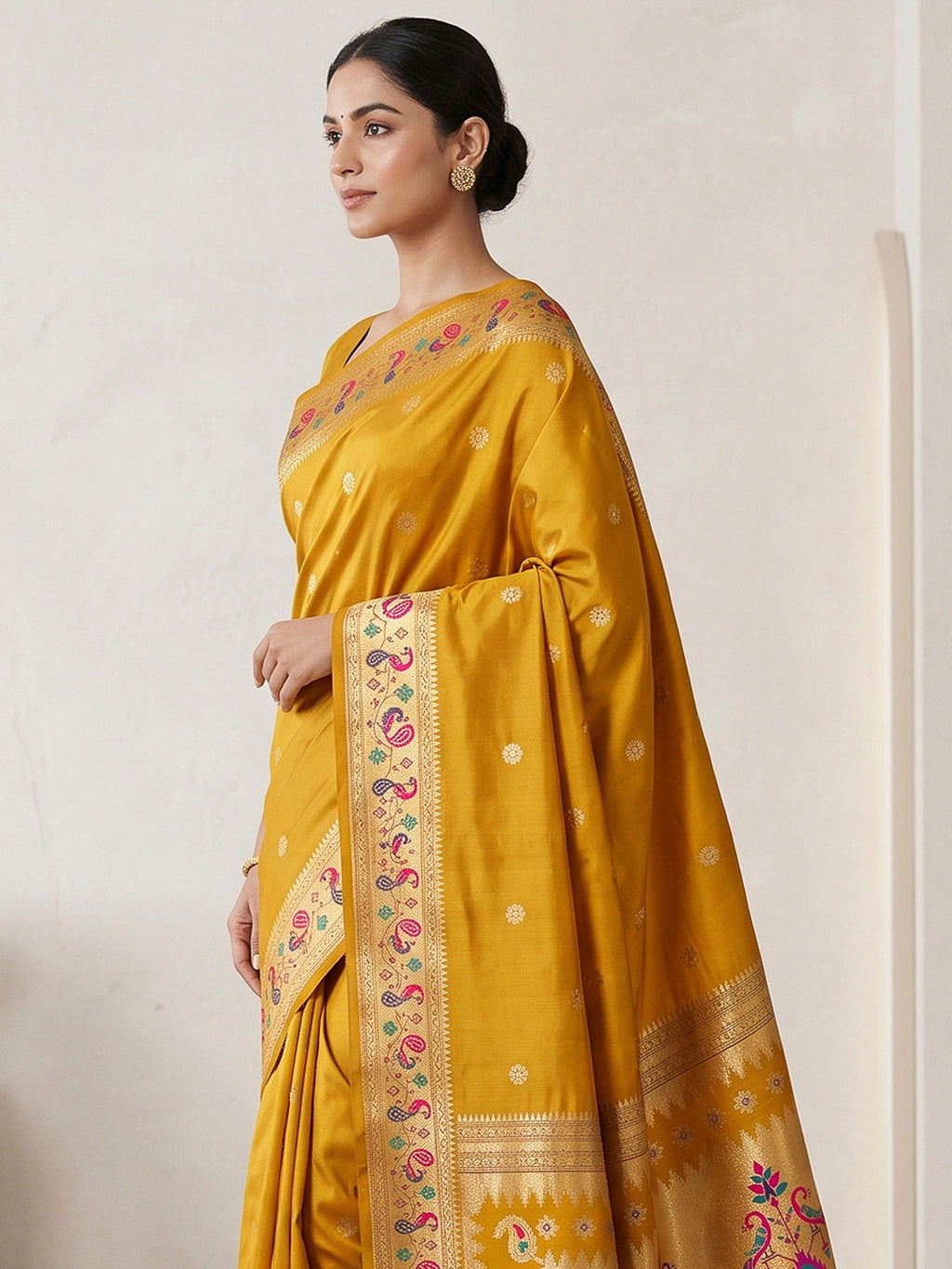 Mustard Cotton Blend Woven Saree
