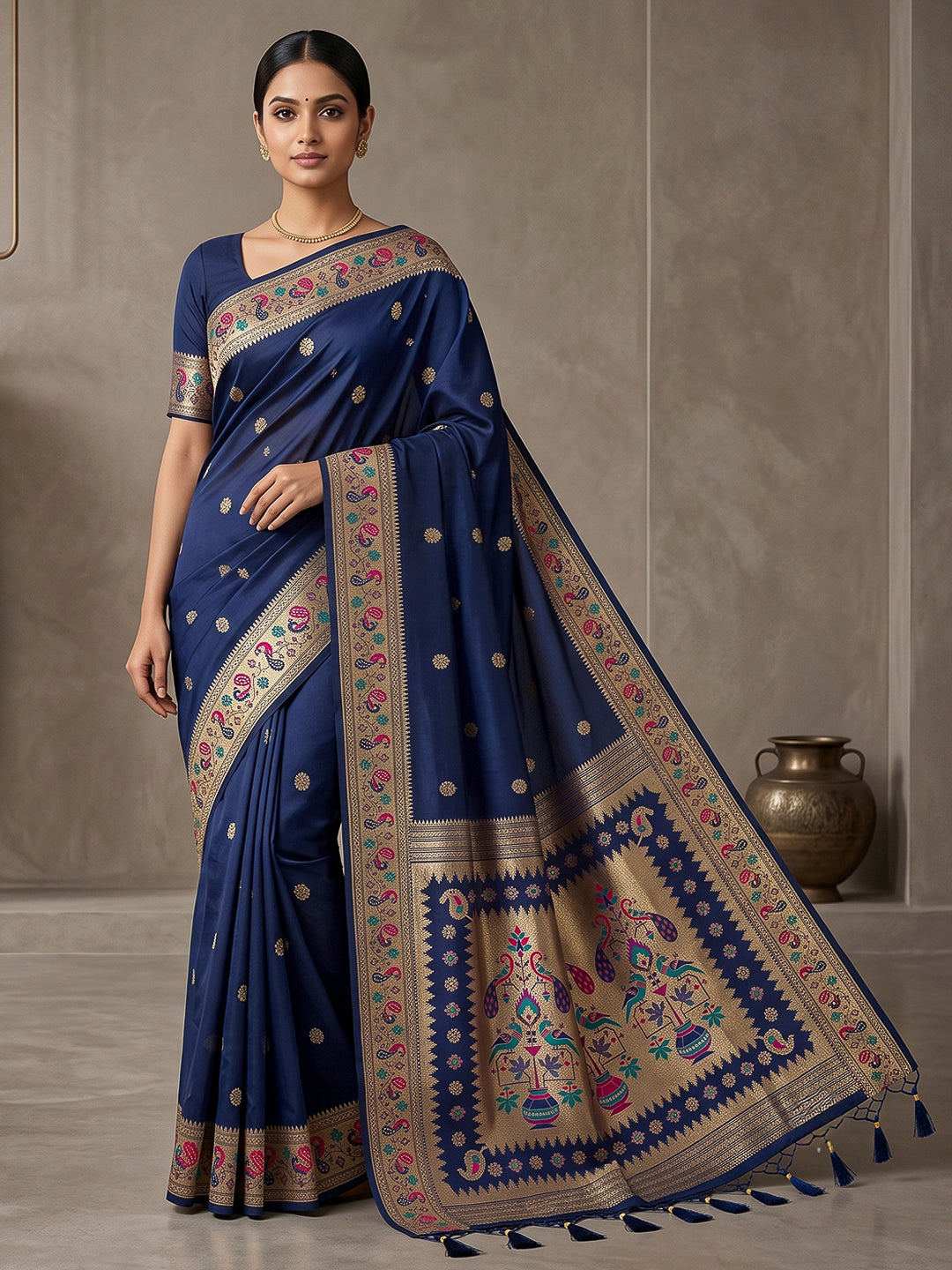 Navy-Blue Cotton Blend Woven Saree