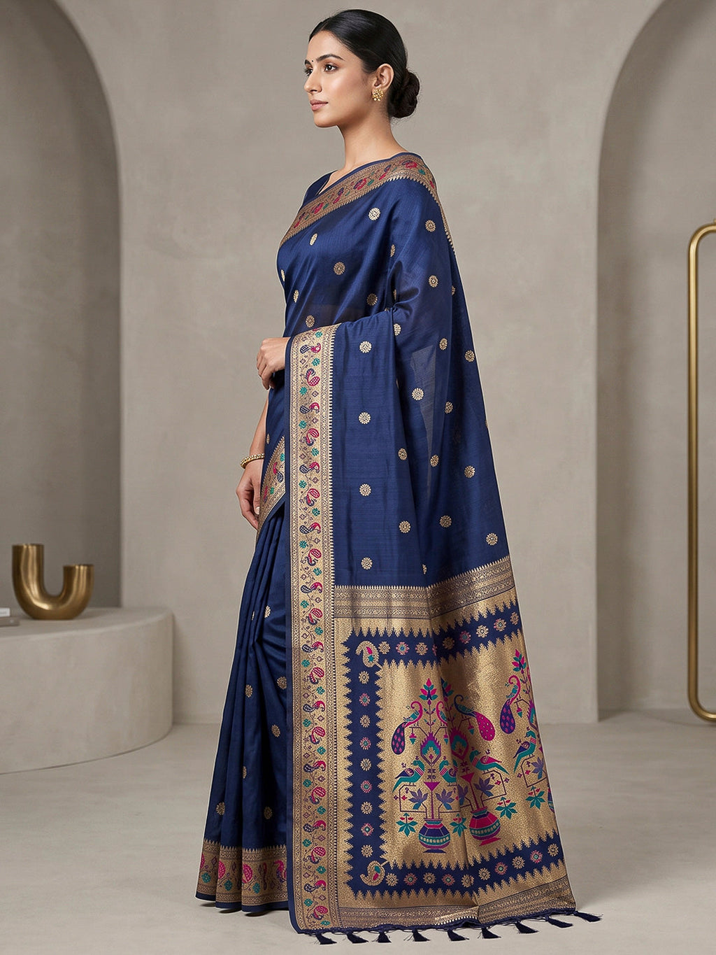 Navy-Blue Cotton Blend Woven Saree
