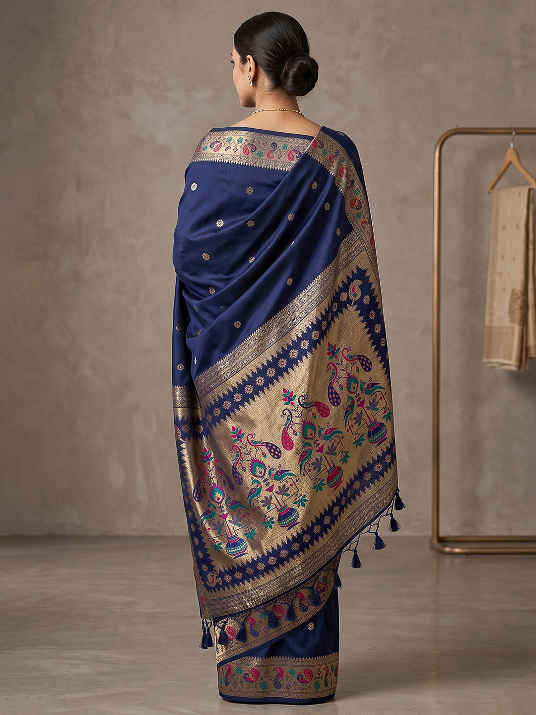 Navy-Blue Cotton Blend Woven Saree