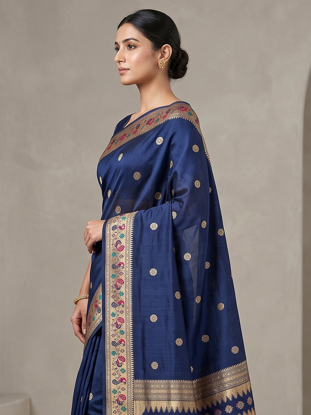 Navy-Blue Cotton Blend Woven Saree