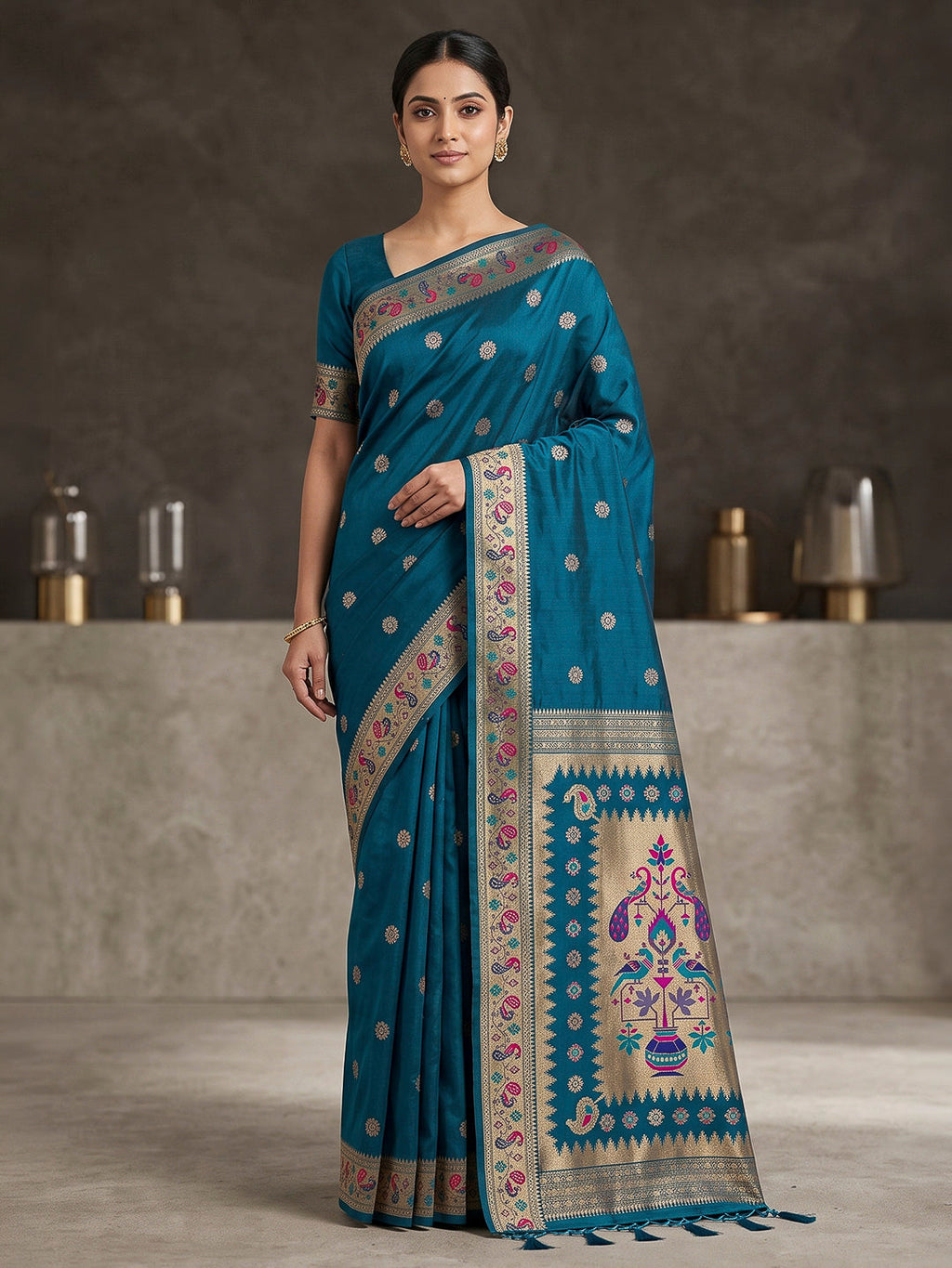 Peacock-Blue Cotton Blend Woven Saree