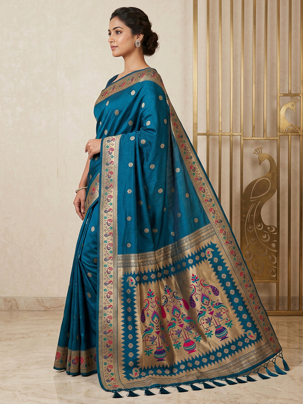 Peacock-Blue Cotton Blend Woven Saree