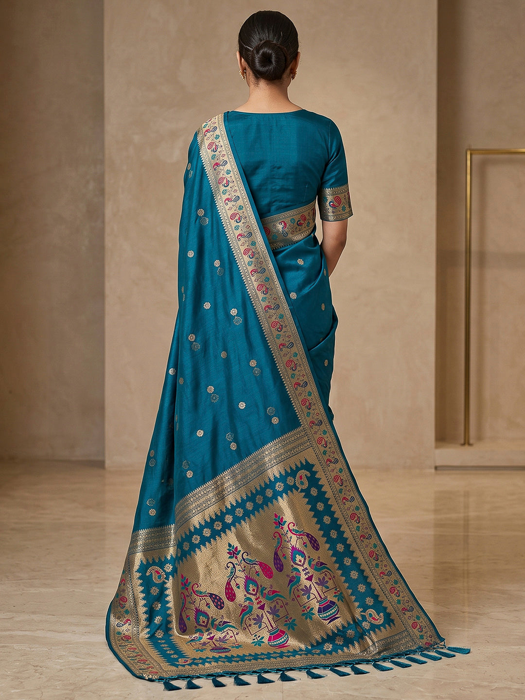 Peacock-Blue Cotton Blend Woven Saree