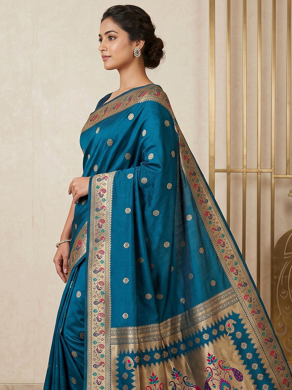 Peacock-Blue Cotton Blend Woven Saree