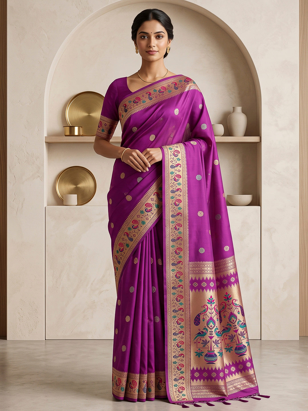 Purple Cotton Blend Woven Saree