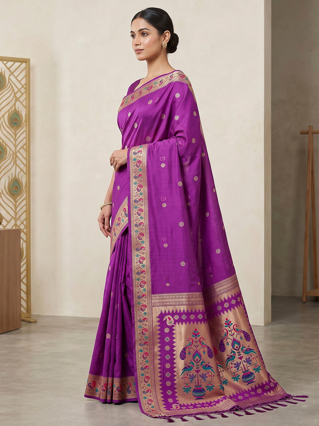 Purple Cotton Blend Woven Saree