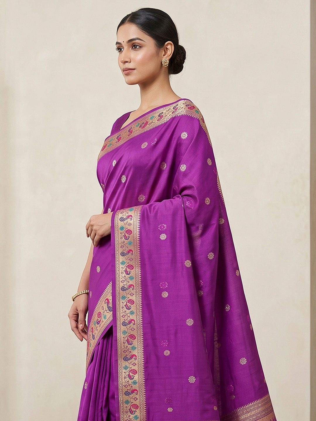 Purple Cotton Blend Woven Saree