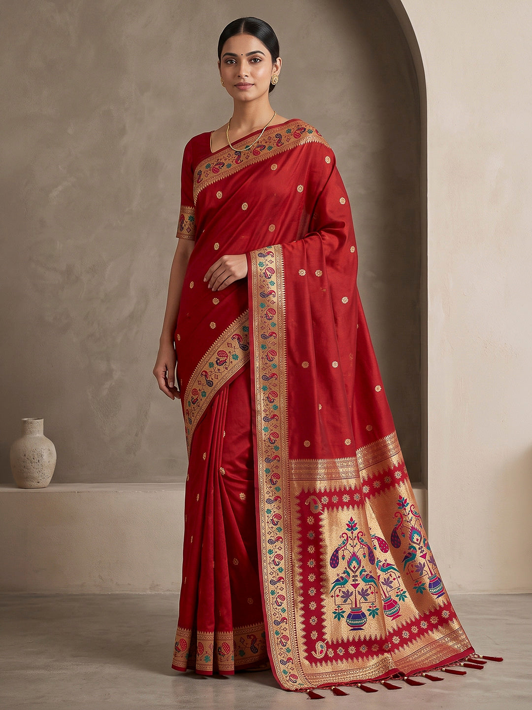 Red Cotton Blend Woven Saree