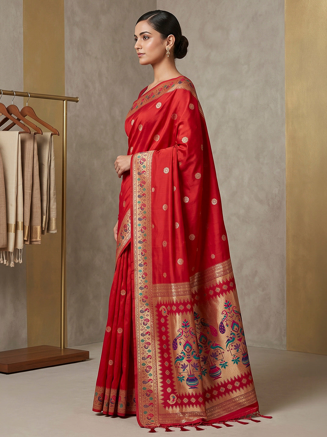 Red Cotton Blend Woven Saree