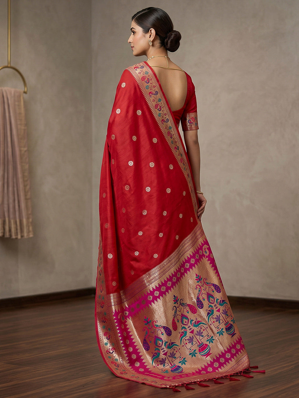 Red Cotton Blend Woven Saree