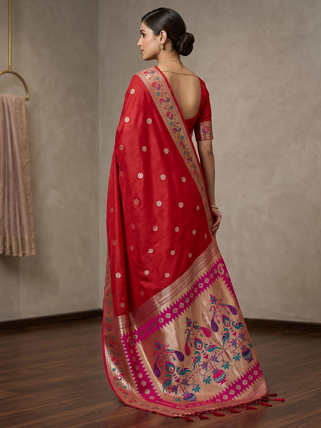 Red Cotton Blend Woven Saree