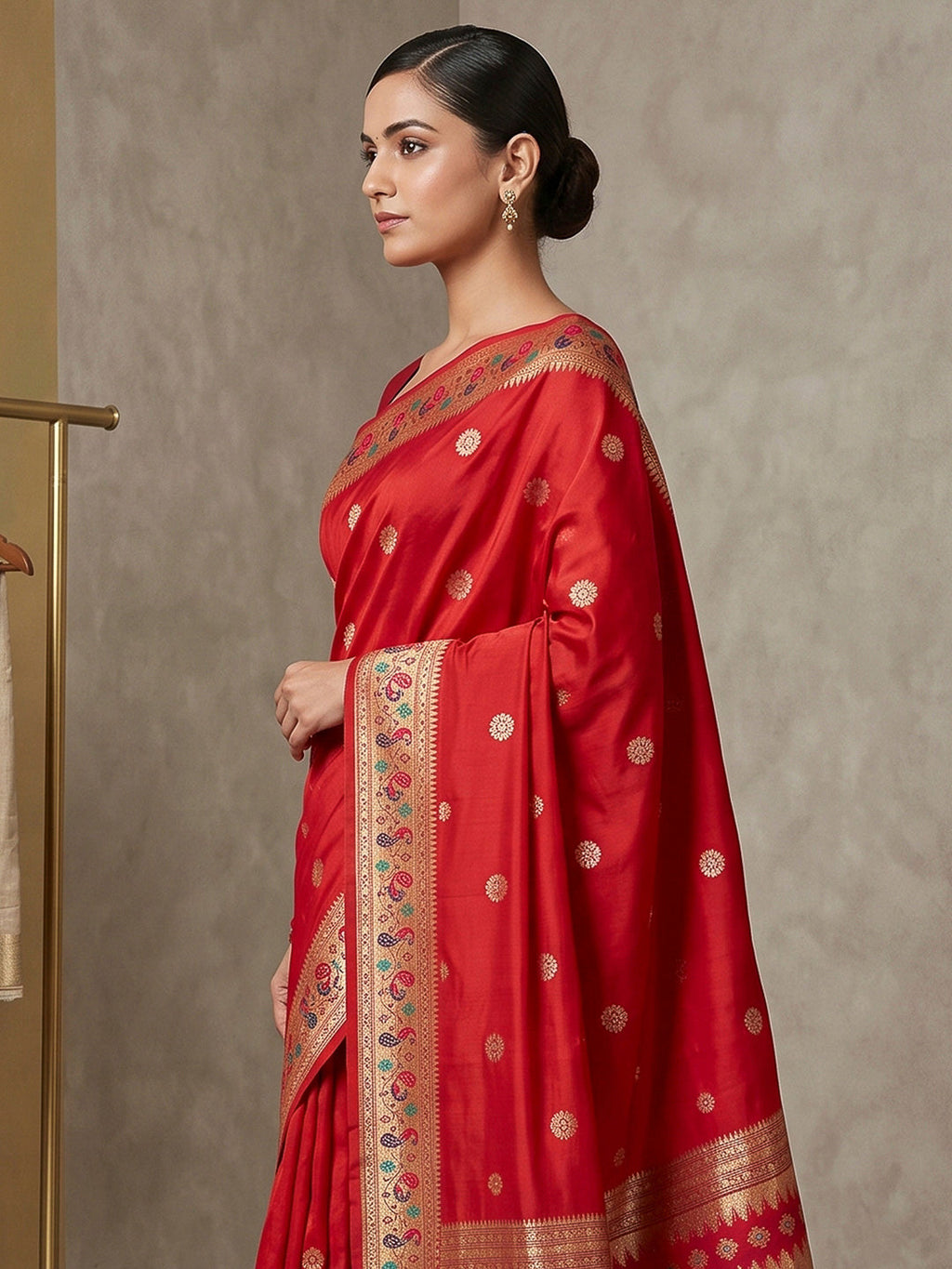 Red Cotton Blend Woven Saree