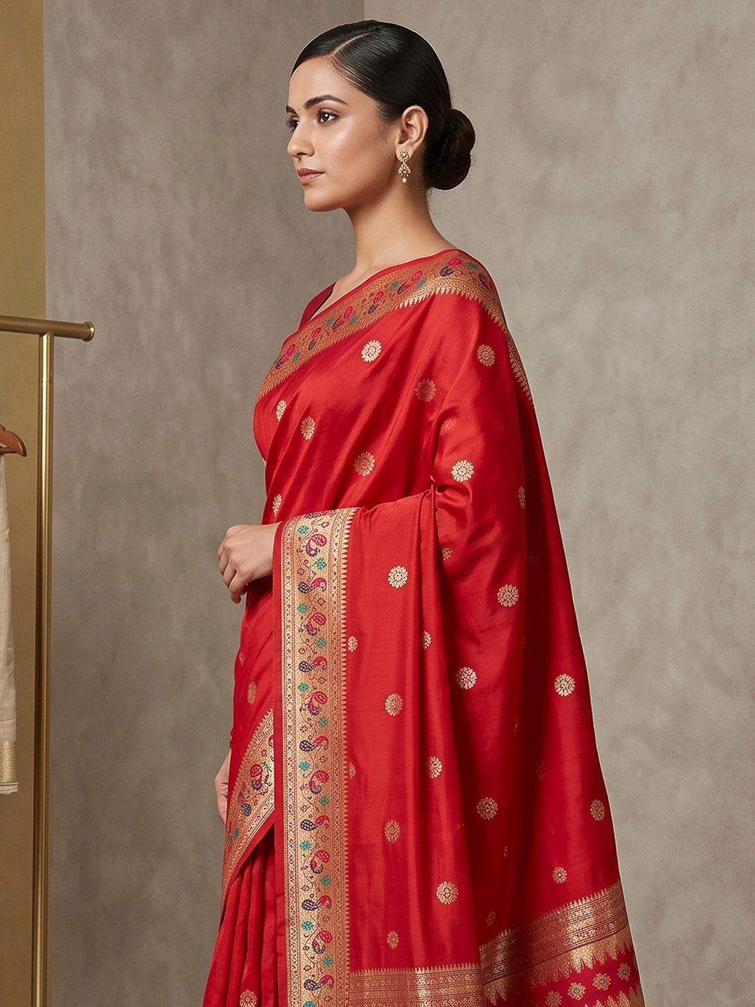 Red Cotton Blend Woven Saree