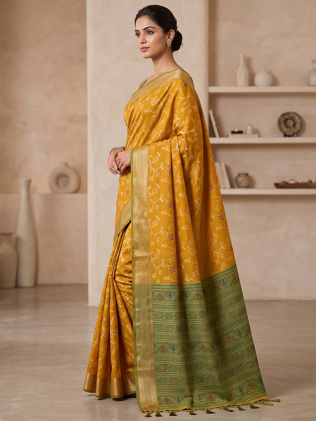 Mustard Cotton Blend Woven Saree