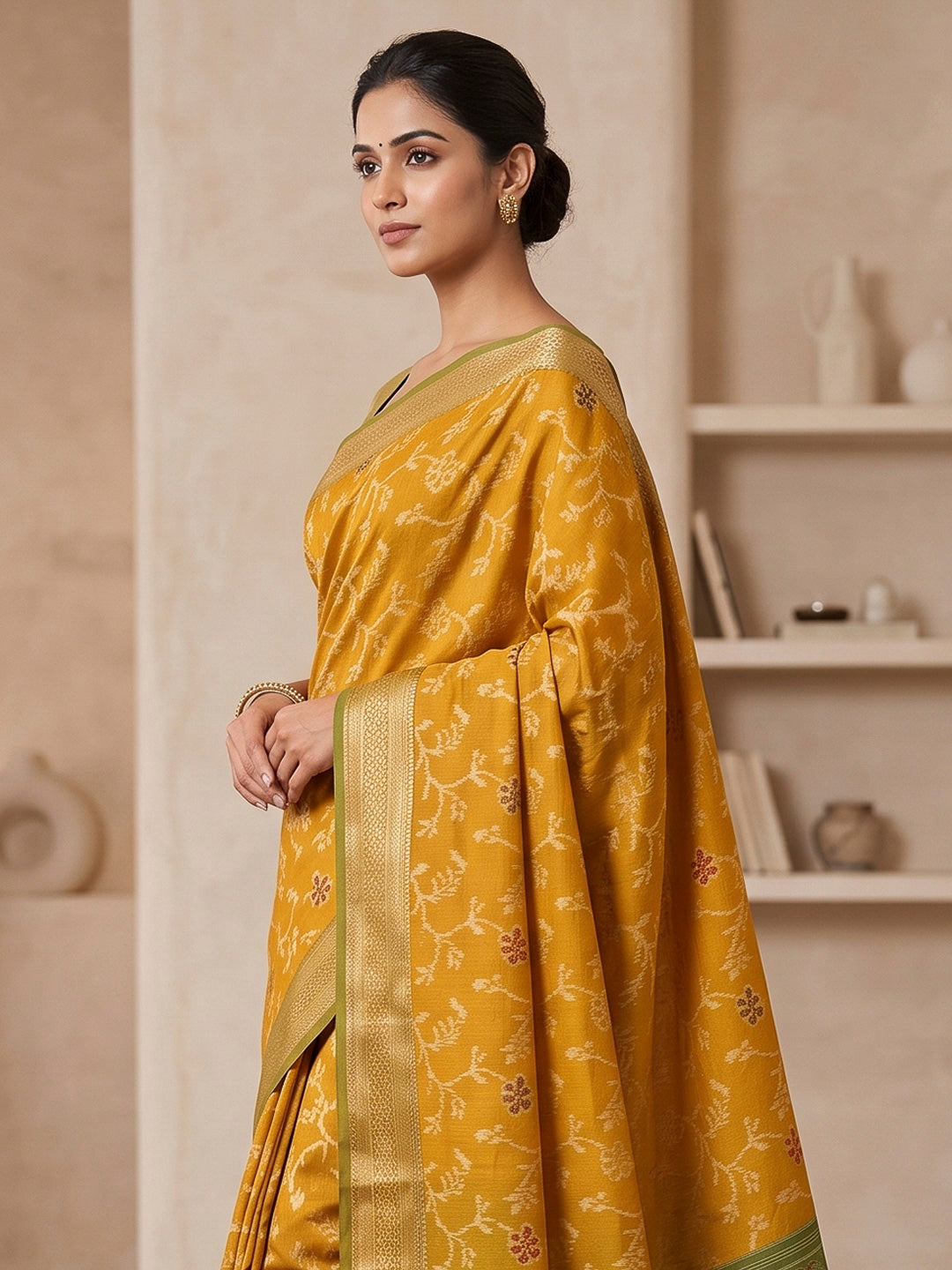 Mustard Cotton Blend Woven Saree