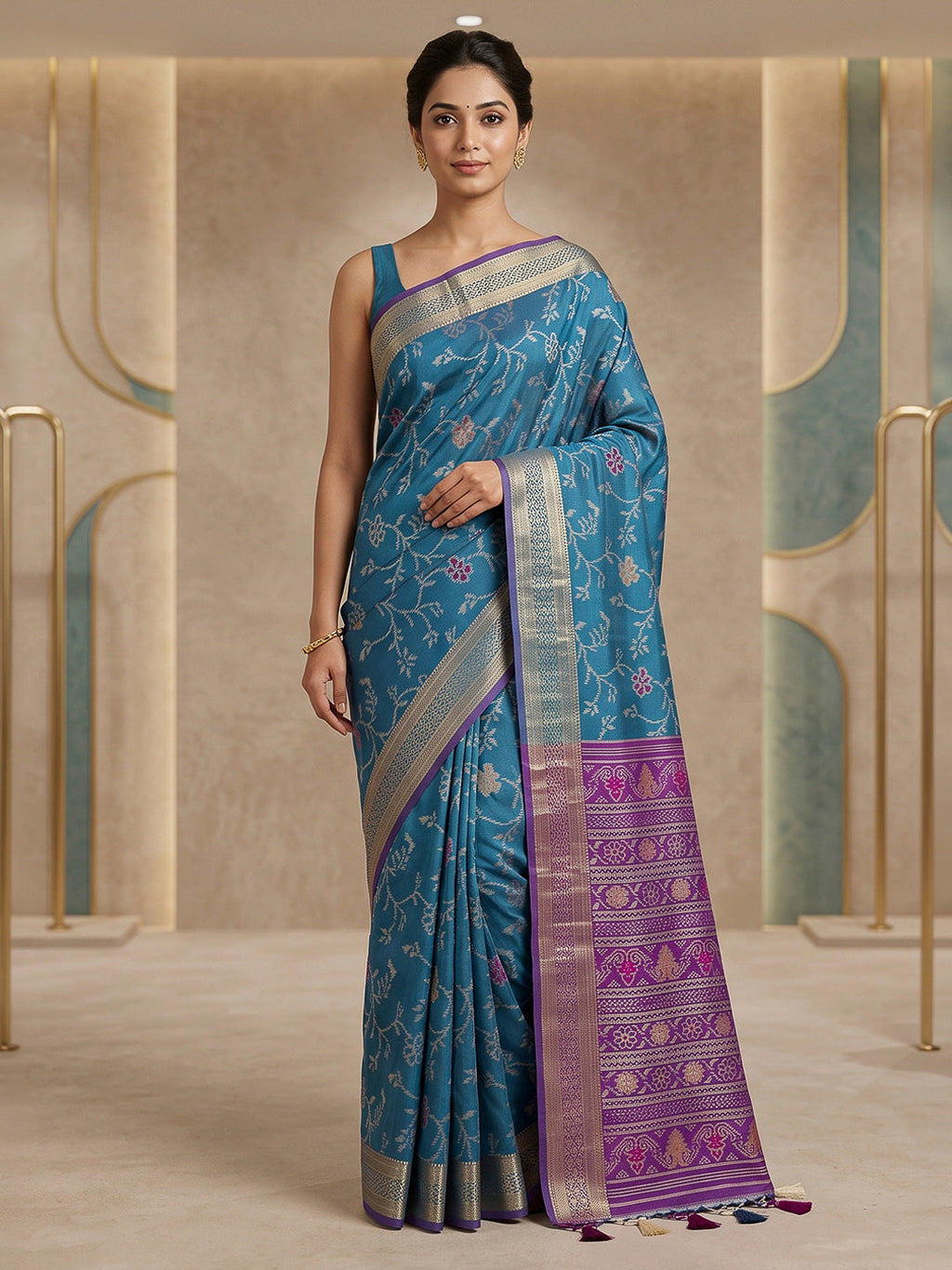 Peacock-Blue Cotton Blend Woven Saree