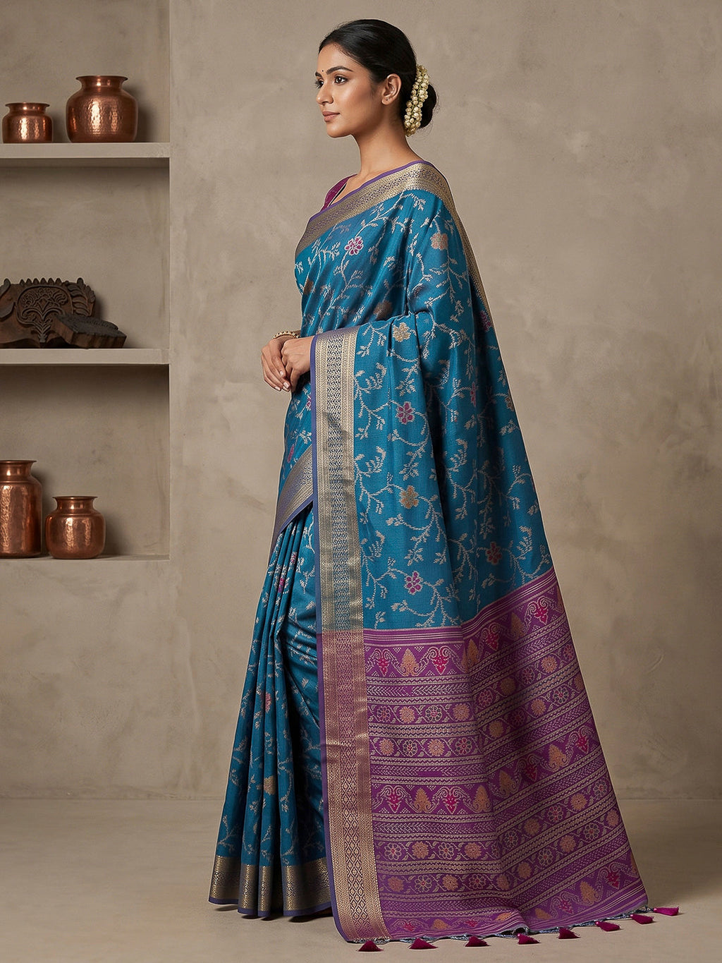 Peacock-Blue Cotton Blend Woven Saree