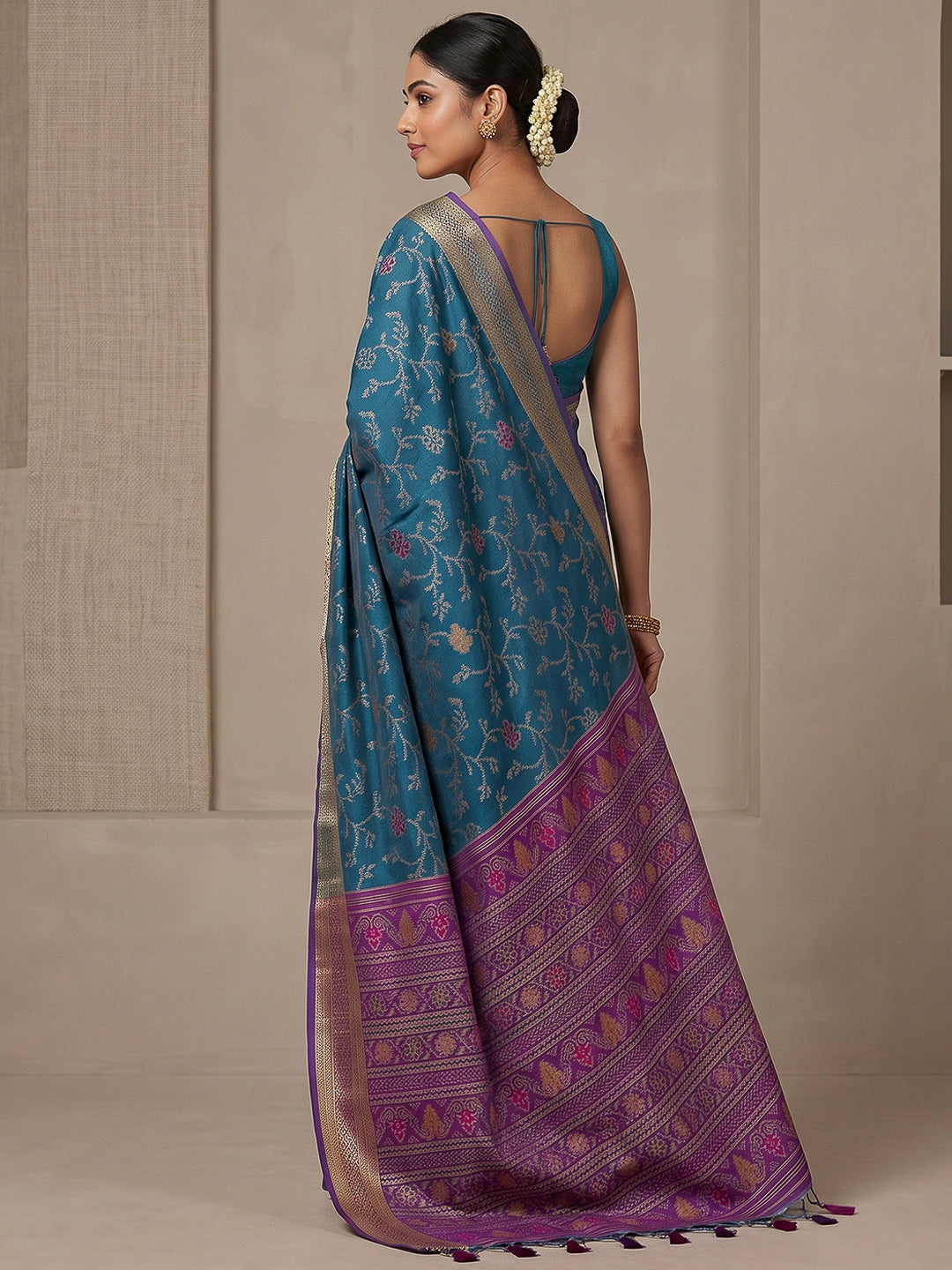 Peacock-Blue Cotton Blend Woven Saree