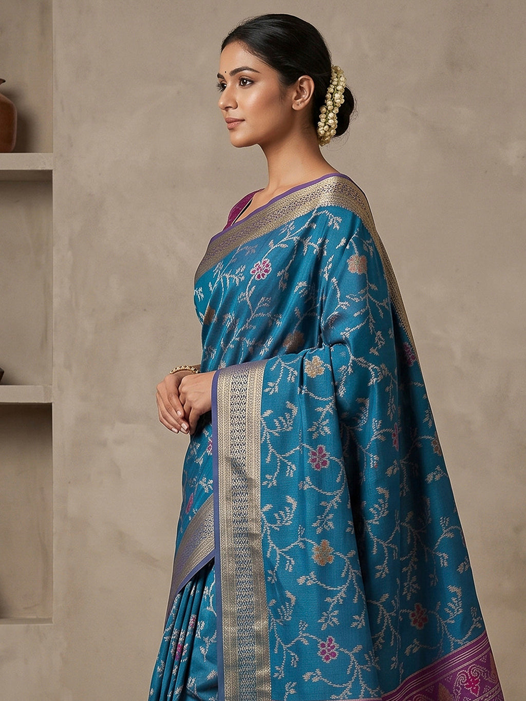 Peacock-Blue Cotton Blend Woven Saree