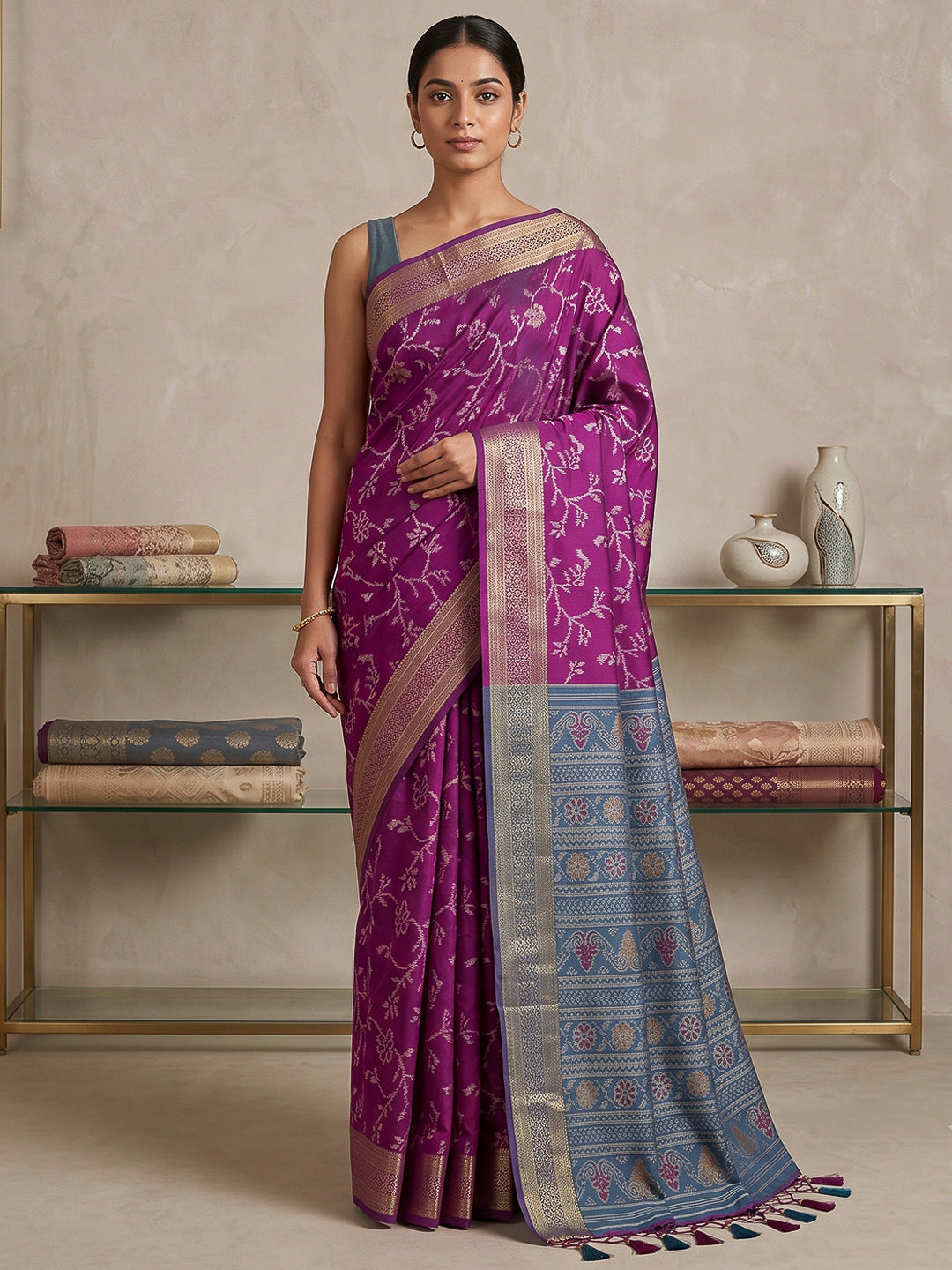 Purple Cotton Blend Woven Saree