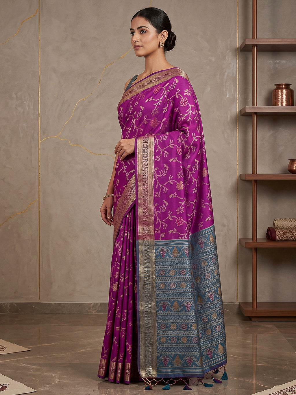 Purple Cotton Blend Woven Saree