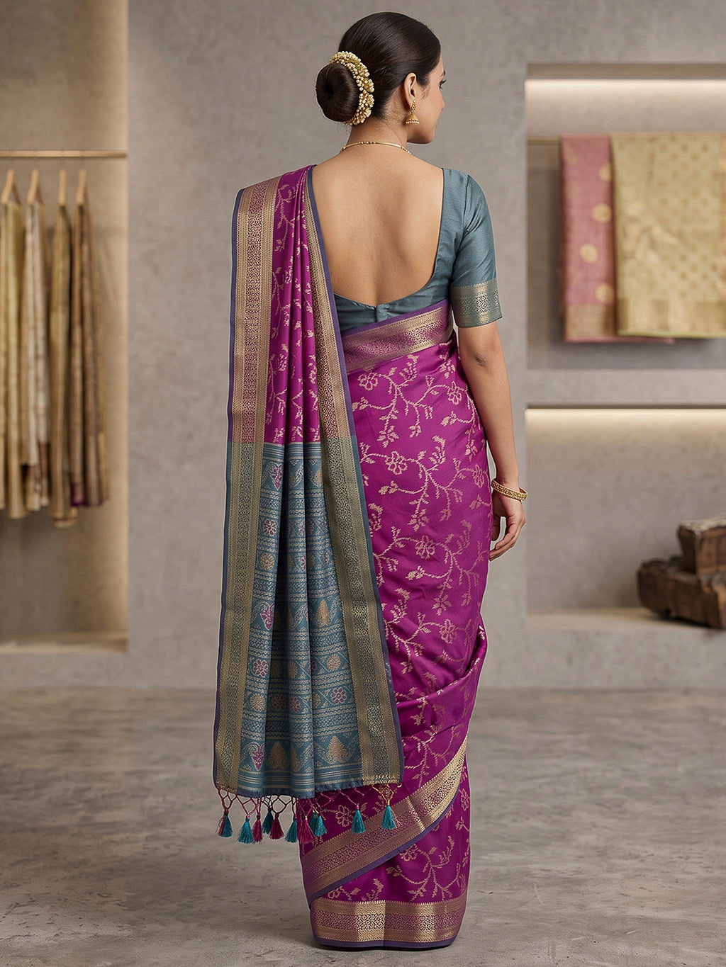 Purple Cotton Blend Woven Saree
