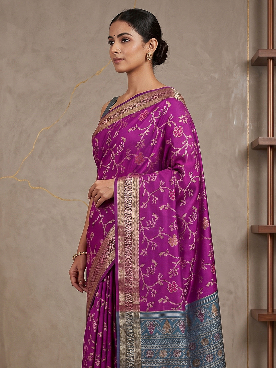 Purple Cotton Blend Woven Saree
