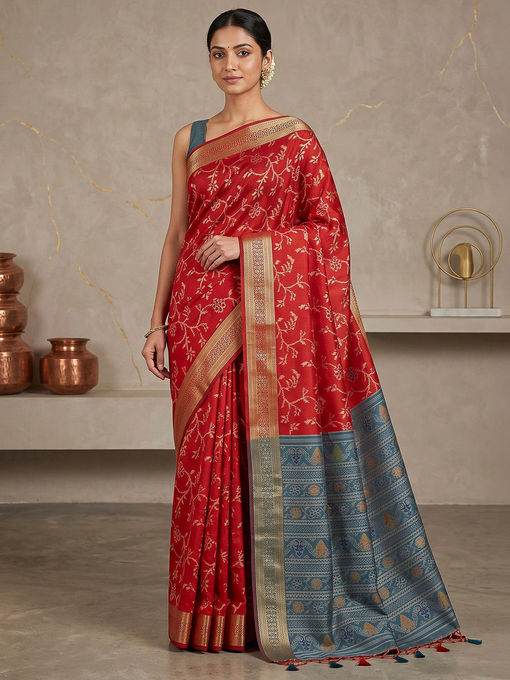 Red Cotton Blend Woven Saree
