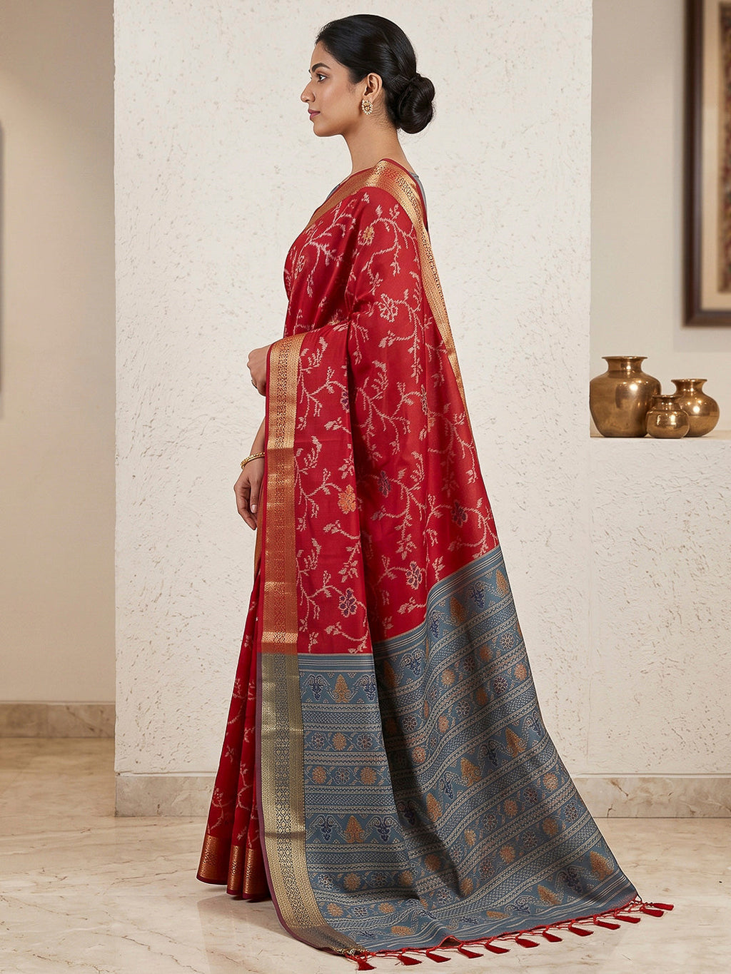 Red Cotton Blend Woven Saree