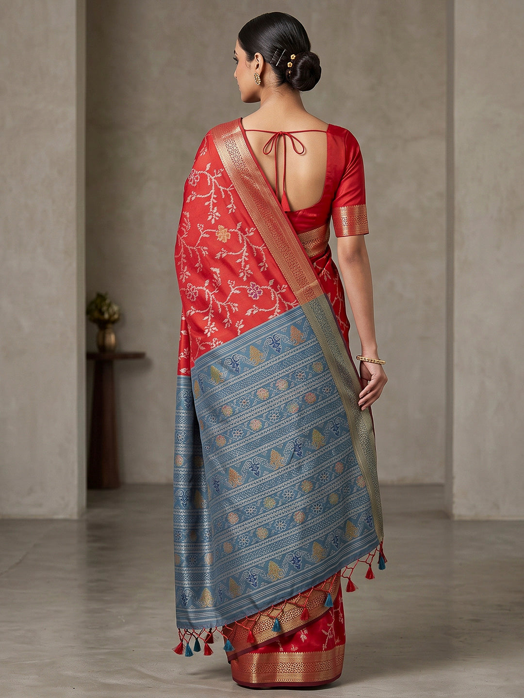 Red Cotton Blend Woven Saree