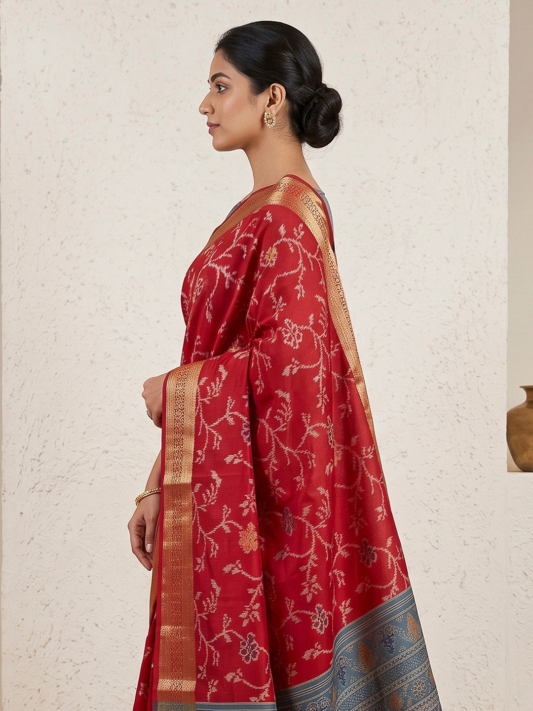 Red Cotton Blend Woven Saree