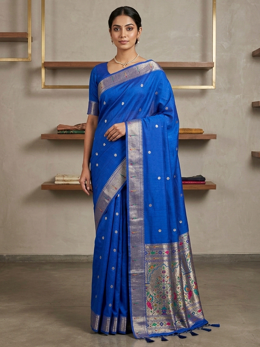 Navy-Blue Cotton Blend Woven Saree