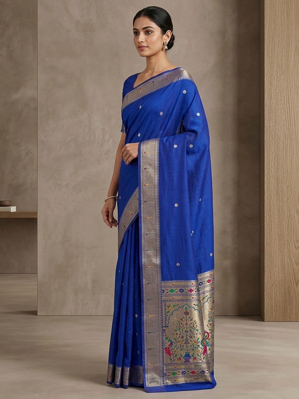 Navy-Blue Cotton Blend Woven Saree
