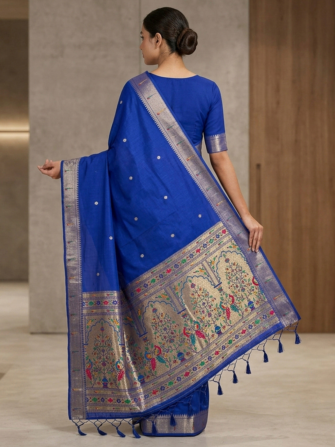 Navy-Blue Cotton Blend Woven Saree