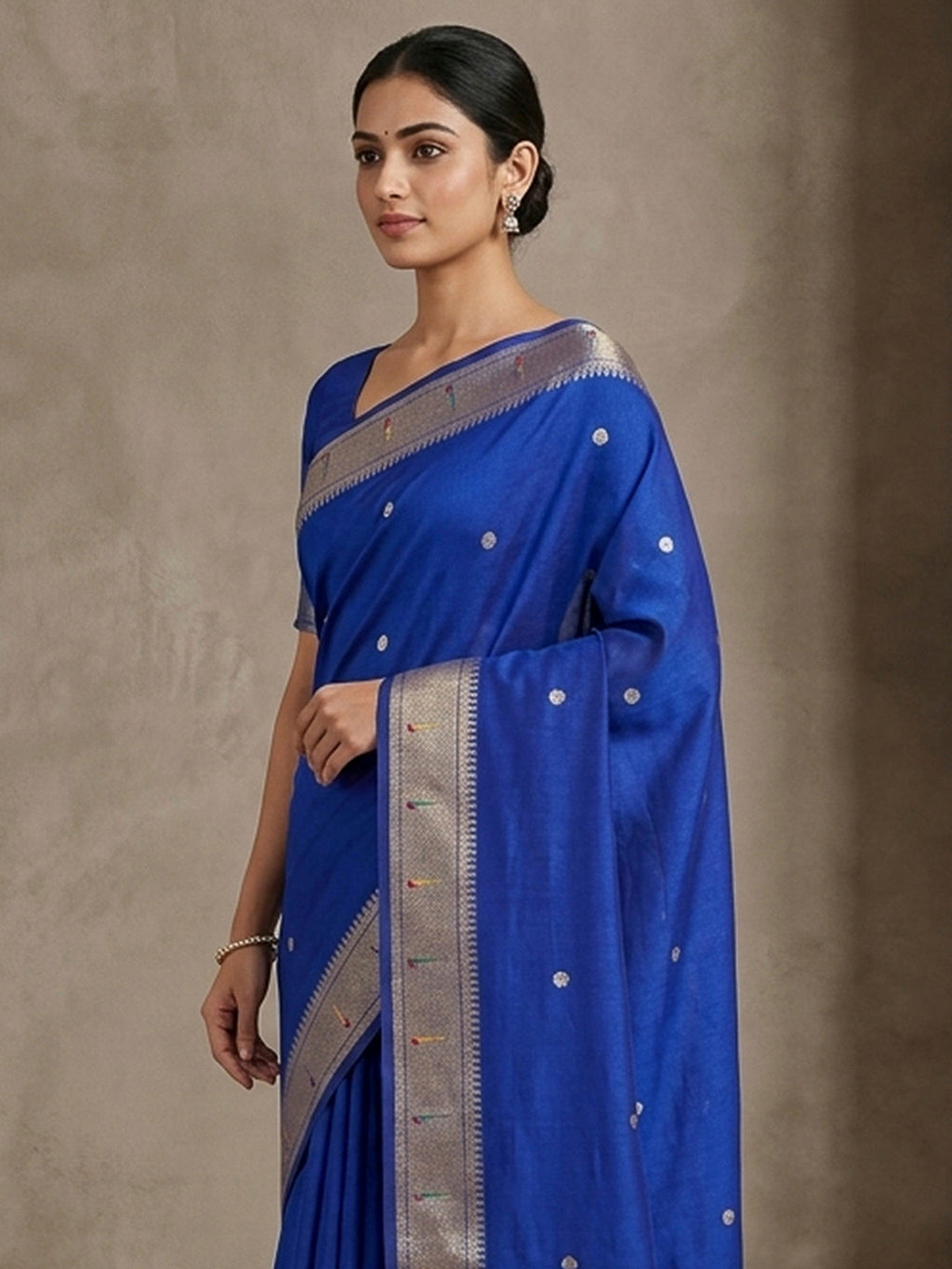 Navy-Blue Cotton Blend Woven Saree